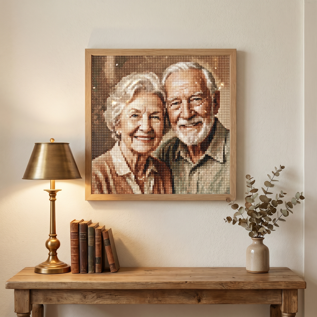 Finished diamond painting displayed on wall